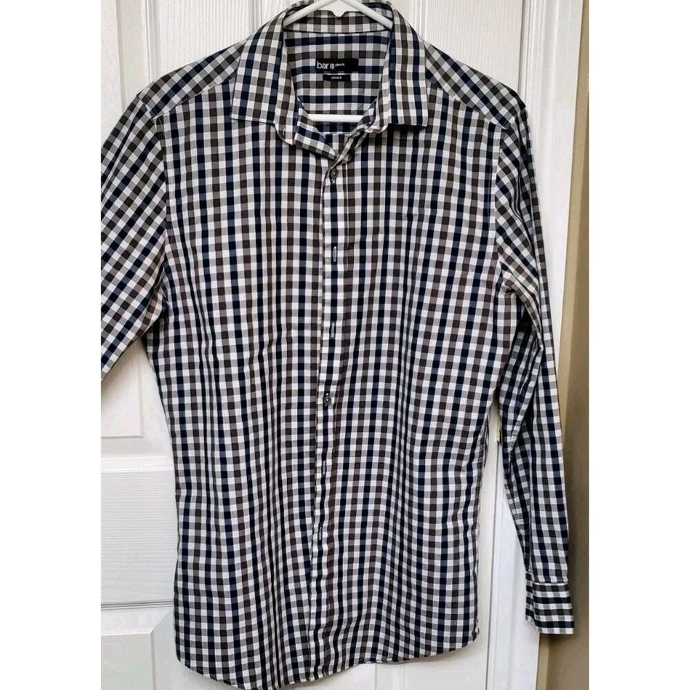 Bar III Men’s Button Front Shirt Plaid Blue Brown Short Sleeve Casual L